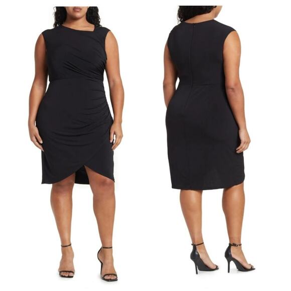 London Times Women's Asymmetric Neck Shirred Tulip Sheath Midi Dress Black - Picture 1 of 6